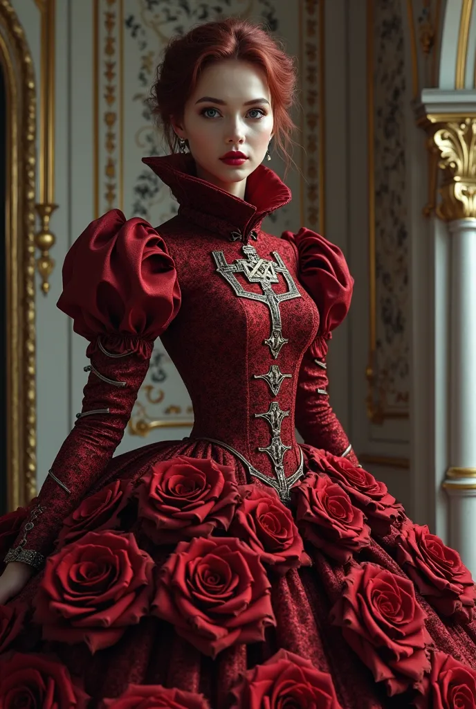 A realistic picture of the whole body from head to foot {x} must include the entire costume，a young Russian woman standing，190 cm high ， big  but thin waist ， Burgundy hair ，Extra long hair to the waist ), She is wearing (A carefully crafted burgundy weddi...