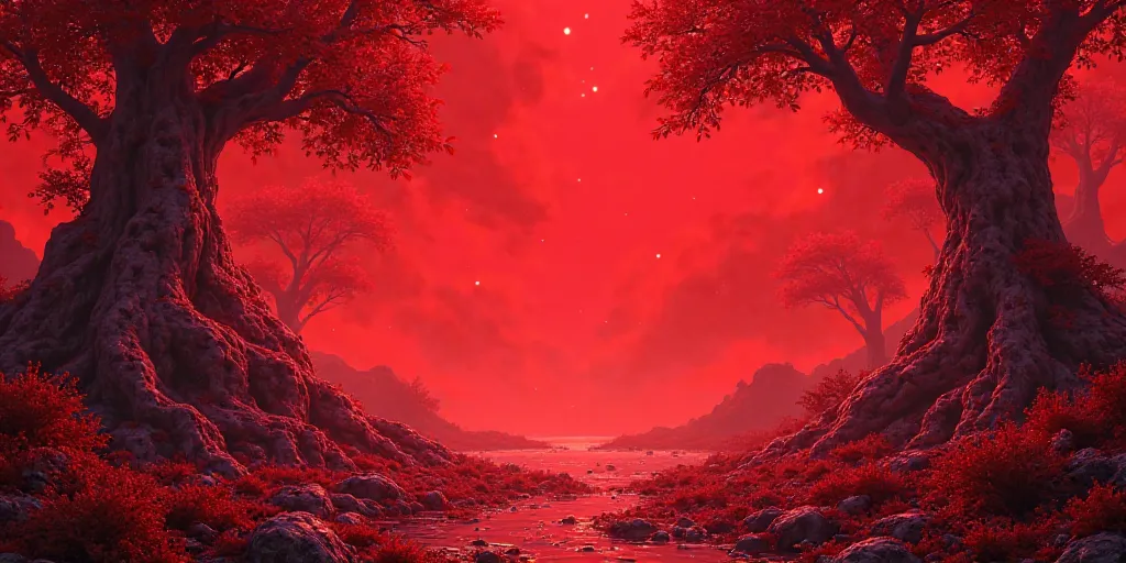 Generate a red background with red trees and art