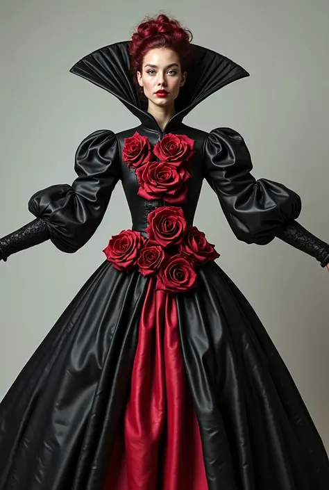 A realistic picture of the whole body from head to foot {x} must include the entire costume，a young Russian woman standing，190 cm high ， big  but thin waist ， Burgundy hair ，Extra long hair to the waist ), She is wearing (A beautifully crafted black weddin...