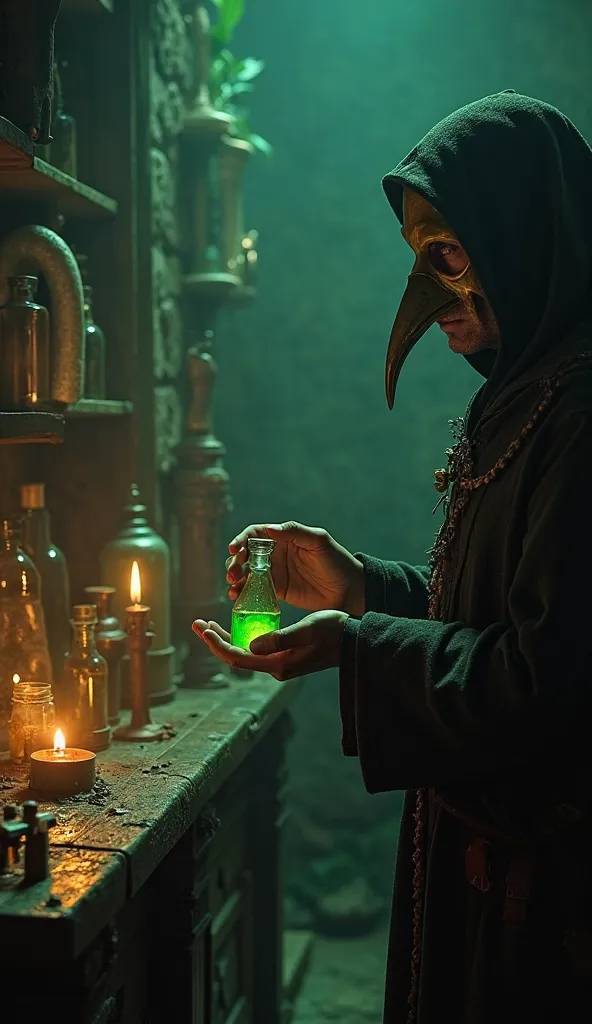 "POV: I stand in the dimly lit apothecary, the air thick with the scent of herbs and potions. My hand, dirty and weak, reaches out to the man in the beaked mask. Holding a small vial of glowing green liquid, I feel a mixture of hope and anxiety course thro...