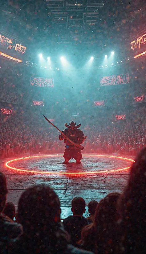 Background Theme: Epic battle music with traditional Japanese taiko drums and dramatic orchestral elements.

Visuals: The sumo ring is set in a futuristic cyber-arena with glowing neon lights and an energetic crowd cheering.