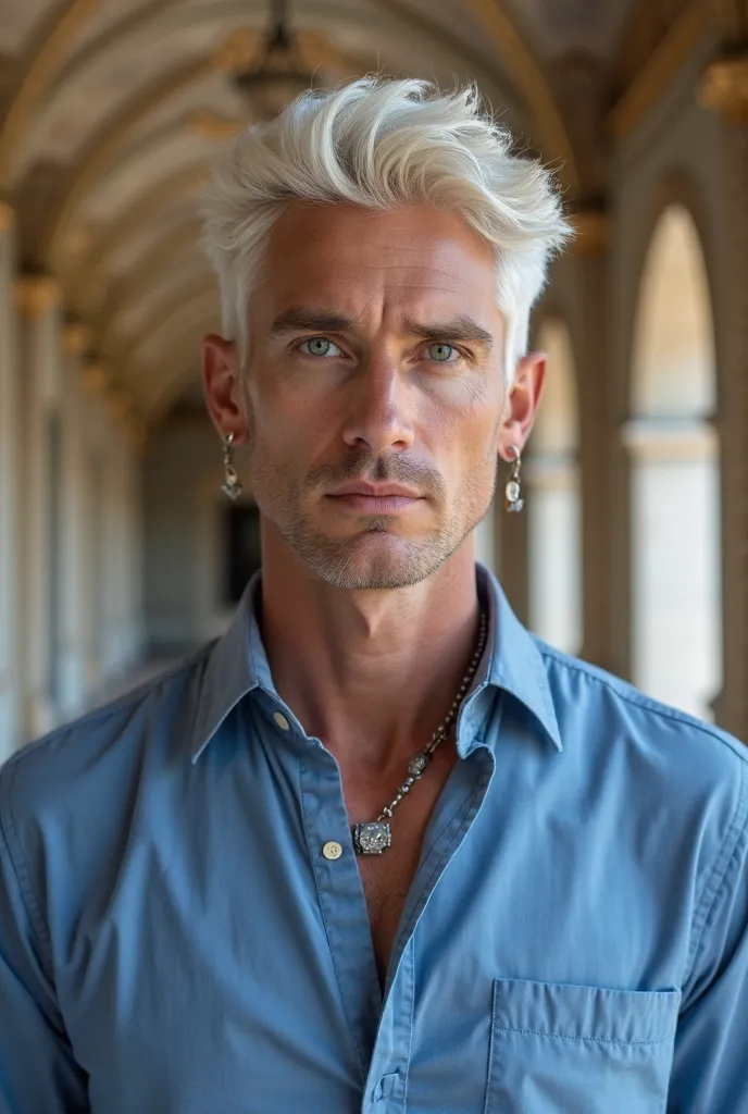 A 38 year old man,  White , marked jaw, blue-eyed sky blue, with platinum blonde hair , wearing a blue dress shirt ,  in the background corridors of a palace ,  realistic style like a photo , And that he wear jewelry in the colors blue and silver