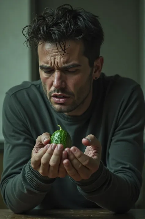 Crying man with a small cucumber in his hand 