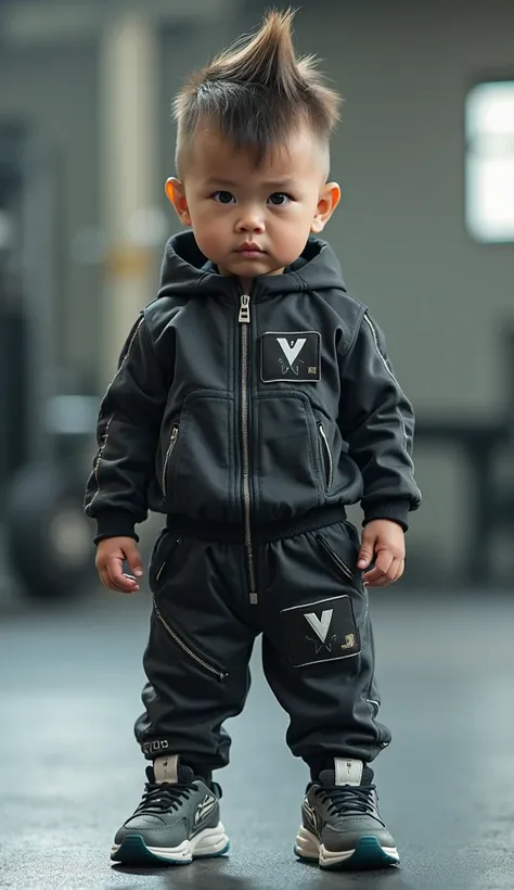 A hyper-realistic 4K digital image of a strong and confident Japanese baby standing in a modern gym environment. The baby wears a stylish, high-fashion sports tracksuit with intricate details, paired with sleek, futuristic sneakers. Their facial expression...