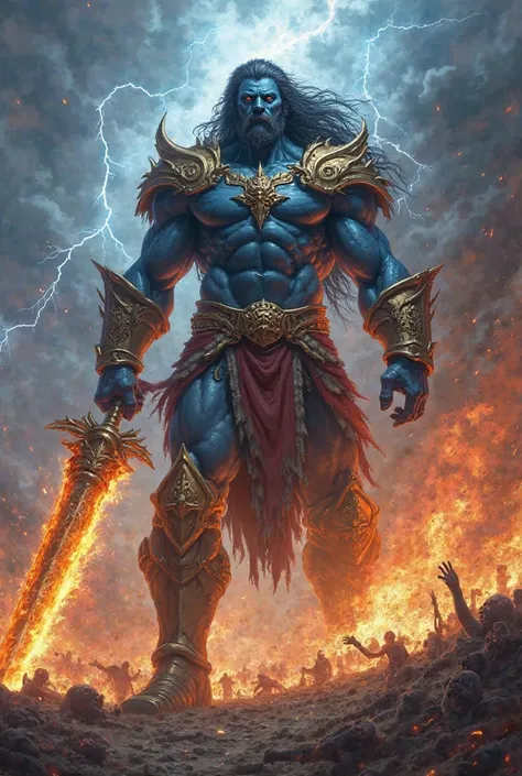 A giant warrior with dark blue skin, a muscular physique, decked out in golden armor, and a giant flaming sword in his hand. His eyes burn with rage, and his long hair flows like a wild storm. His face is covered in battle scars, and his stance is fierce. ...