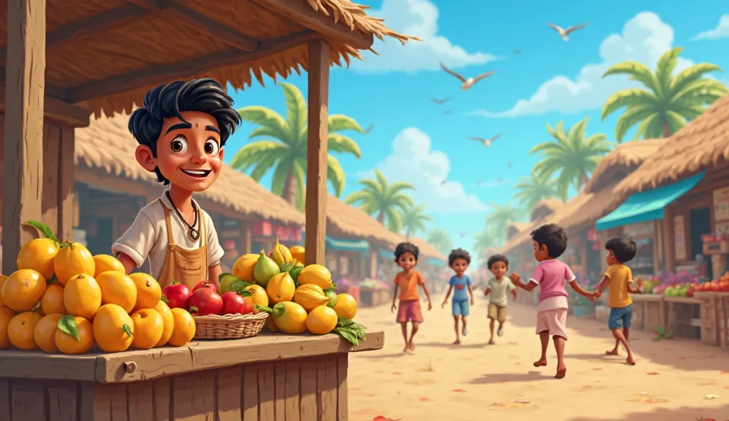 A cheerful cartoon-style fruit seller named Ravi stands behind a wooden stall filled with ripe mangoes, bananas, and apples in a lively village market. He wears a simple traditional outfit and has a warm smile as he serves happy villagers. ren run around, ...