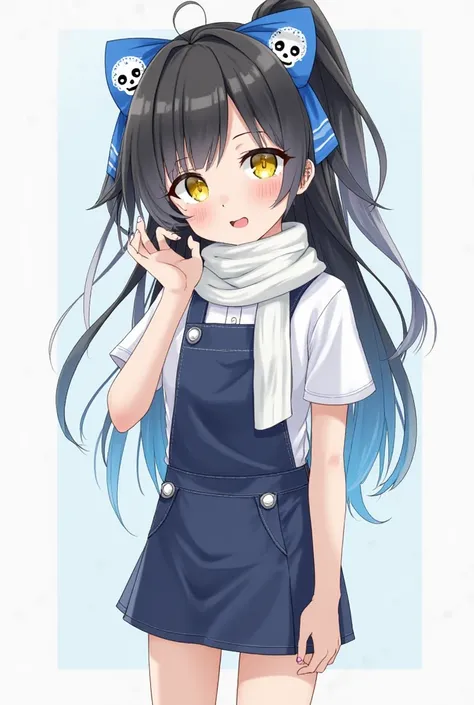 Young anime girl with long black and blue ombré hair, yellow eyes, and a blue bow in her hair with skulls in it, wearing a white short sleeve polo with a white mini scarf, dark blue very short mini overalls dress with two tiny bows in front of it, barefoot