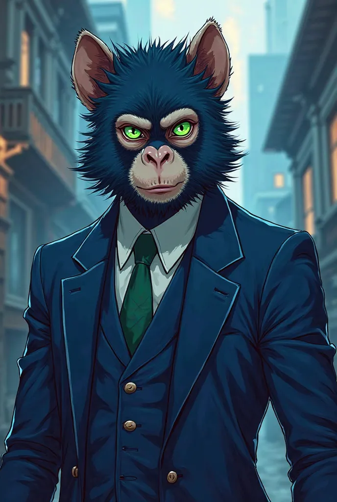 Un anime.Un singe agent secret beau bleu foncé au yeux vert habillé costumes et gilet bleu écrit Mnky