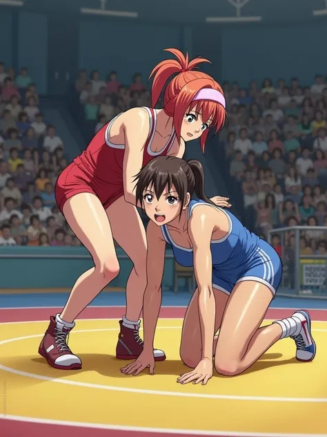 ultra detail, anime. Match from the 2000's. a female in a blue freestyle wrestling singlet is on all fours in the center of the mat, and a female in a red freestyle wrestling singlet is holding it from behind