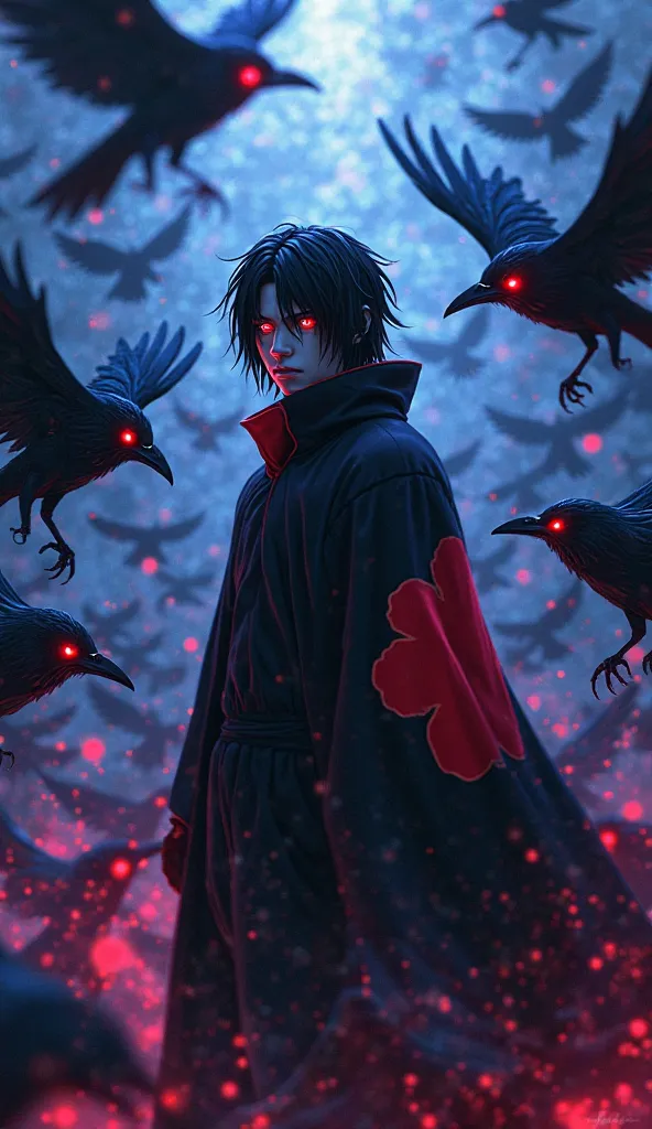 The image depicts Itachi Uchiha standing confidently, his solemn expression reflecting both strength and sorrow. He is surrounded by a swirling mass of crows, their feathers glistening in the light. The crows have intense red eyes that shine brightly, cont...