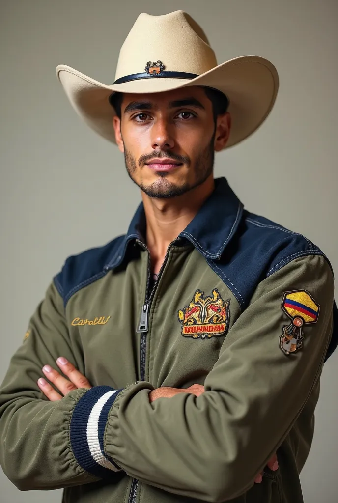 To make a very real person as real as possible because if he exists, create a young man wearing a light beige denim Texan hat. The hat has a dark band around the base of the crown and a small embroidered horse design on the front. The man has short militar...