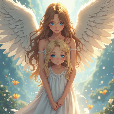 an angel with brown hair and blue eyes protects a girl with blond hair and blue eyes with wings anime style drawing 