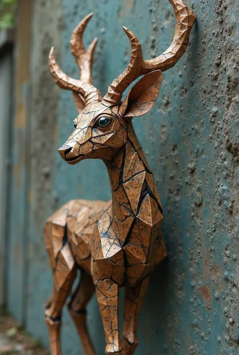 An origami deer is on a wall, in the style of Darko black and bronze, cubist faceting, Metallica accents, ritualistic masks, avacadopunk, craftcore