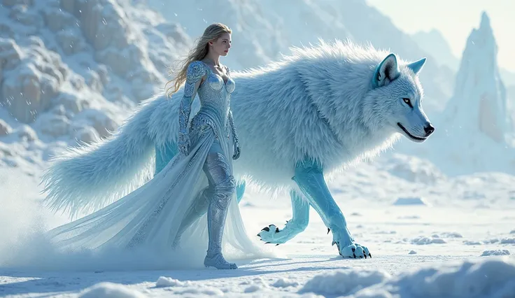 A girl in ice armor and her giant wolf of 10 meters of ice walking through the valley of ice 