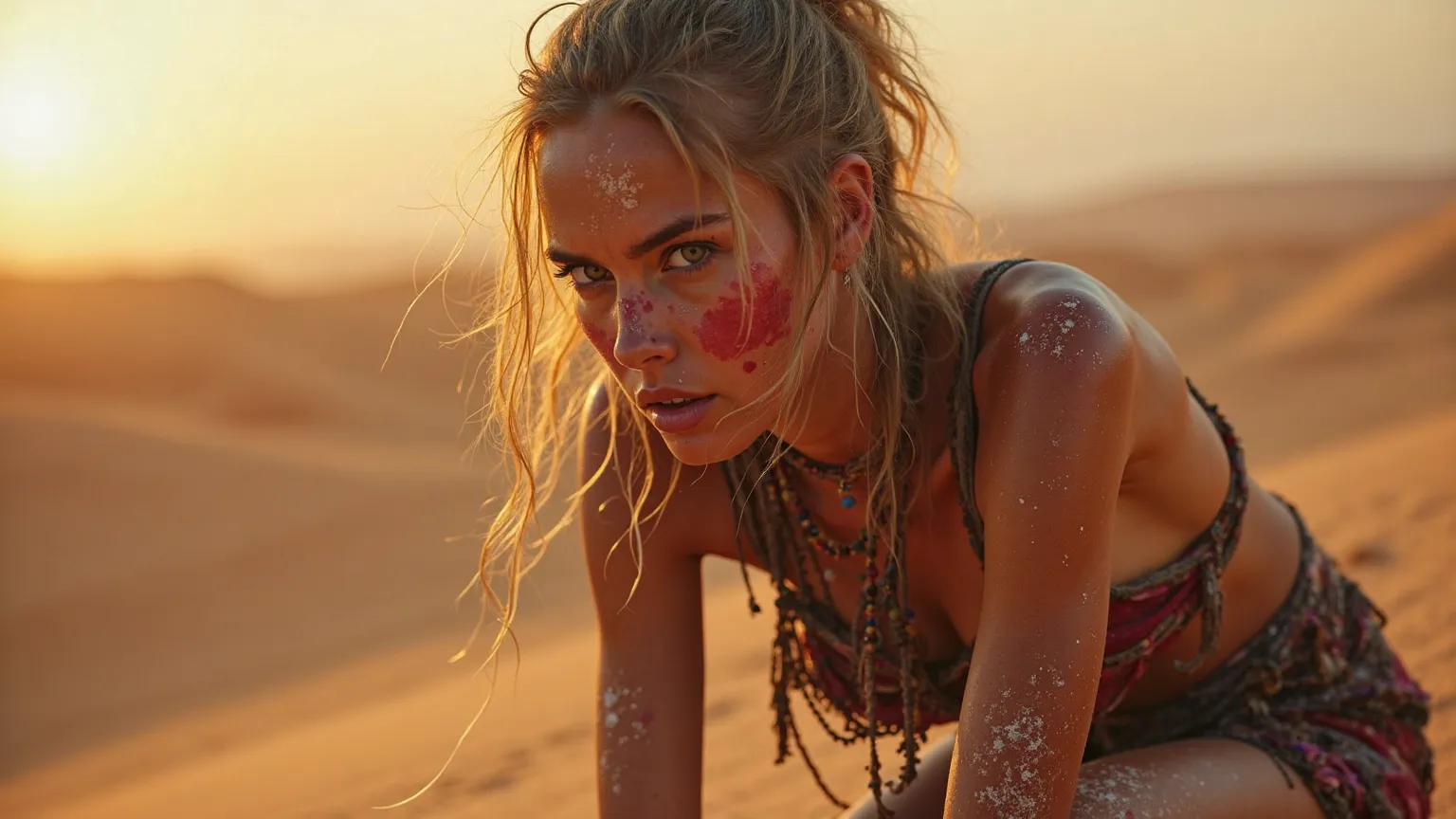 (photorealism:1.2),  a barbaric stunning young female, dressed in beautiful maximalist dark sensual breathtaking styles, colorful makeup looks, and ragged clothing, travels the deserts in the sunset hours looking for water, she is sweaty and gritty, crawli...