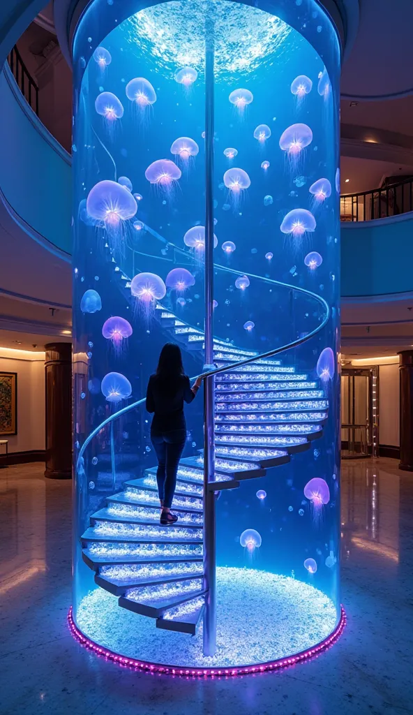 "A spiral staircase of steel and glass, integrated into a cylindrical aquarium, sits at the center of a luxurious lobby. Fluorescent jellyfish float gently in the aquarium, illuminating the steps with blue and purple hues. A person walks up the steps with ...