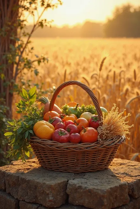 A basket overflowing with fresh fruits, golden grains and vibrant vegetables sits on a rustic stone altar, surrounded by golden light symbolizing divine blessing. In the background, a fertile field of wheat sways in the wind. The scene conveys an atmospher...