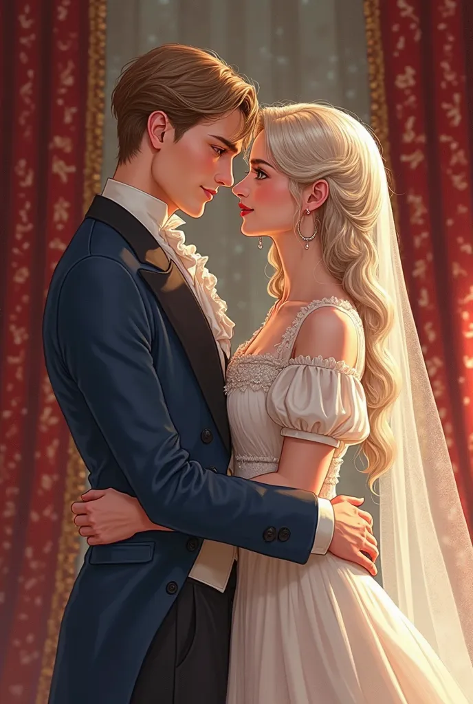 generate some illustrated novel cover about a European boy's love in 1880 in a room. male Main character with amethyst eyes, light khaki hair, average body with porcelain skin and male lead with crimson eyes, snow white hair, pretty tanked build but slim b...