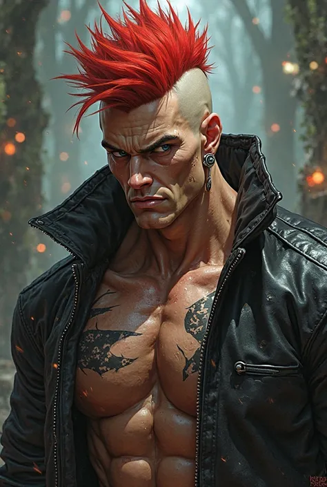 Highest quality, textured skin, Skinhead Man,Hahaha,Red Mohawk Trimming,  muscular,jacket with black leather fur on bare skin,earrings,Intimidating, blank stare, goblins, anime,