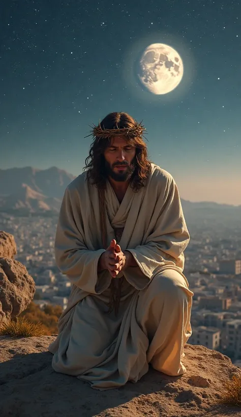 A highly detailed and ultra-realistic 8k digital image of Jesus Christ, depicted as he is commonly imagined in Latin America, kneeling in deep prayer on a mountaintop against a starry sky. He is facing forward and staring directly at the viewer, with his h...