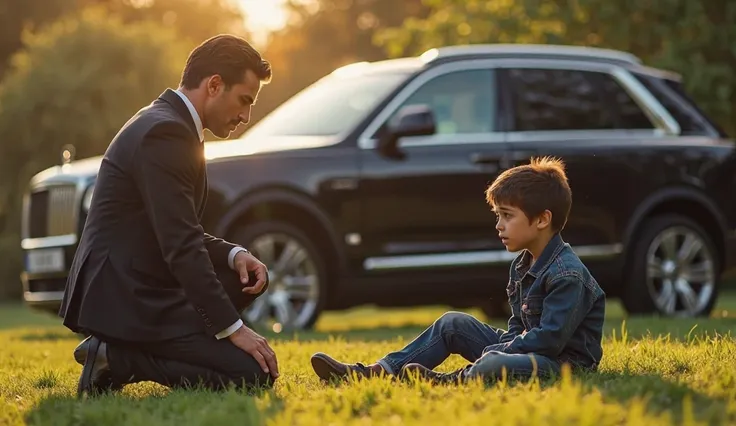 "A well-dressed, elegant man with slicked-back hair and a worried expression kneels beside a soaked age boy who has just saved his son. The young boy is coughing and shivering on the grass while the father looks at his rescuer with gratitude and disbelief....