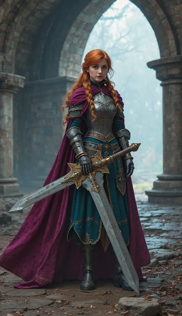 ((Photorealistic)) Princess Anna from Frozen in a forgotten sanctuary where she wield's "Greatsword of Power" and is a powerful Knight in a fantasy plate Armor from (World of Warcraft Crusade Armor). Full-body. The gratsword is closer to the viewer. 