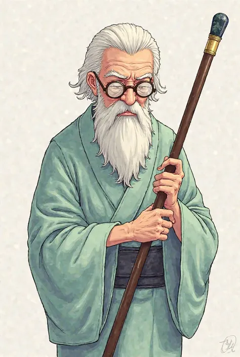 Grandpa with white hair and round glasses、I'm blind and my back is crooked、Using a walking stick、I'm wearing a plain colored yukata、A magic stone is embedded in the handle of the cane、Her face looks like a devil and she doesn't have much hair、Has a beard t...