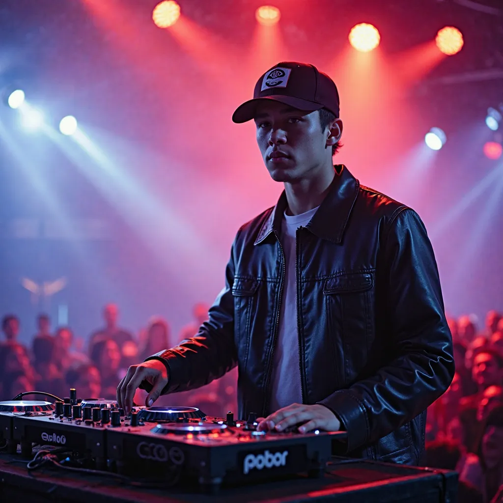 A young man, likely in his late teens or early twenties, is a DJ on a stage.  He is of light complexion. He is wearing a dark-colored, leather-style jacket over a light-colored shirt.  He's wearing a baseball cap with a logo. He has a focused expression.  ...