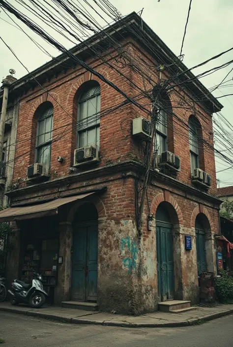 "A vintage urban street scene with an old brick building, aged and weathered, featuring arched windows and air conditioning units. The atmosphere is moody and overcast, with tangled overhead electric wires adding to the gritty aesthetic. The street is slig...