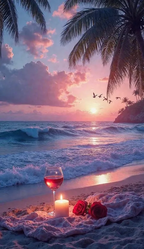  Beautiful sunset beach ocean palms
 Birds flying
Hyperrealistic detailled
Emotional mystery atmosphere 
Blue white big waves 
Violet mystery evening amazing atmosphere 
A glas of wine and a blanket on the sand romantic candles a rose 


 