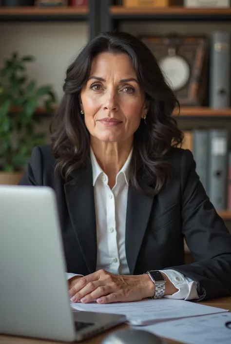 55-year-old mature woman with dark hair medium build,  in the office