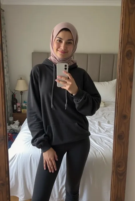 26 years Old, latex Hijab, transgender, femboy, Australian, Caucasian, white girl, feminine, bedroom selfie in mirror, Slim body, cute outfit, nike gym leggings, nike long-sleeved hoodie, baggy hoodie, oversized hoodie, sportswear, Breast about To burst ou...