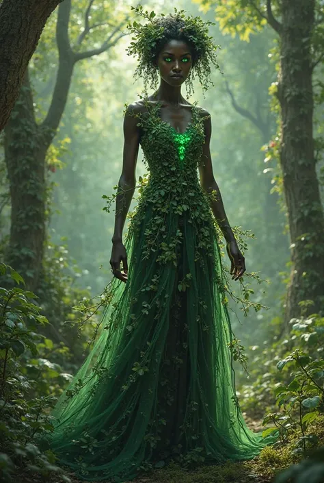 Full body image,  Goddess Dryad, with black skin, wearing a long green and white dress made of plants, with her eyes emitting a green light