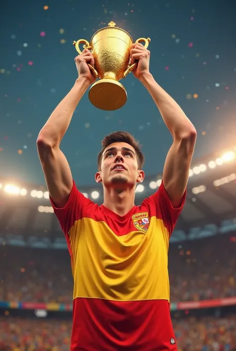 jeune homme winner souleve une coupe qui symbolise l'espagne 