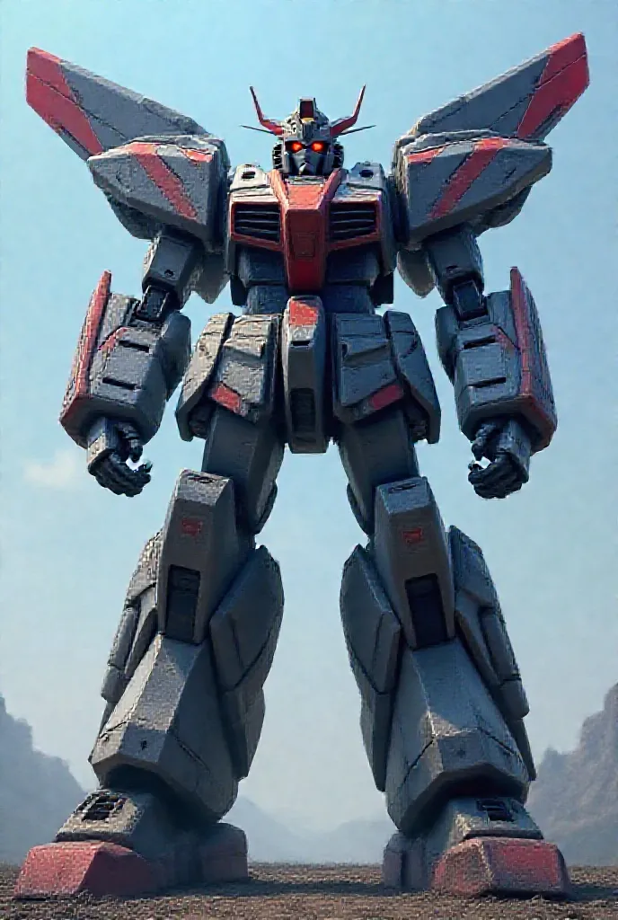 A 9-meter-tall robot with a cockpit in the chest, two wings in the back, a jet engine, a laser gun in the hands, and a small jet engine in the feet. It has red and blue stripes.