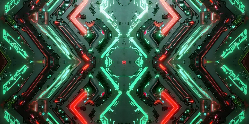 futuristic pattern in green, gray and scarlet colors