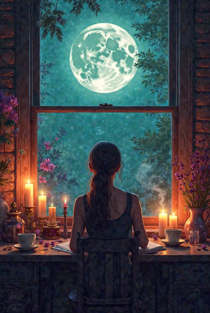 A candle workshop ...dorado ,purple and green a window with the Moon almost full. A desk with a notebook and a pen. A steaming tea ,quartz and incense 