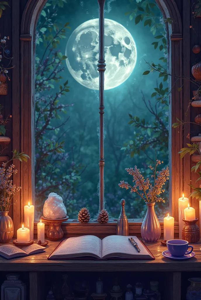 A candle workshop ...dorado ,purple and green a window with the Moon almost full. A desk with a notebook and a pen. A steaming tea ,quartz and incense 