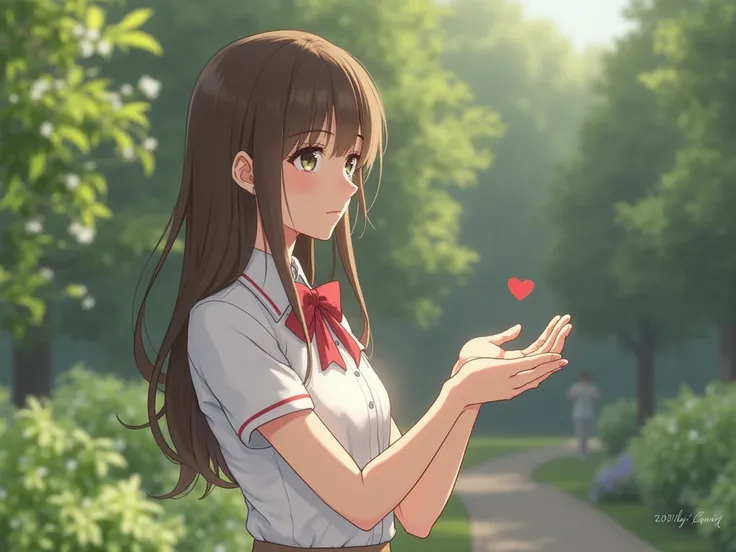 Top quality 80K、 reality、live-action、Show me the two palms brought together like the shape of your heart..、Japanese、18 years old、นมใหญ่、(hostess)、 Brown Hair 、(slender:1.2)、Stand in the garden、Wear a short skirt