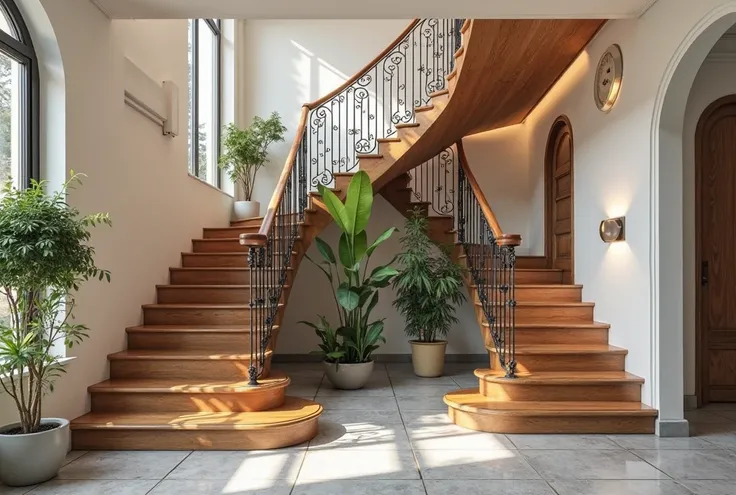 design me a modernized art nouveau duplex villa wood stairs, with iron work of art nouveau patterns, curved edges, off white walls and ground floor of grey stone tiles. make a plant area in the middle with indirect light