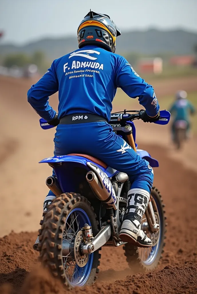 Person in Yamaha yzf blue with motocross suit ,Say f. Acosta on the back 