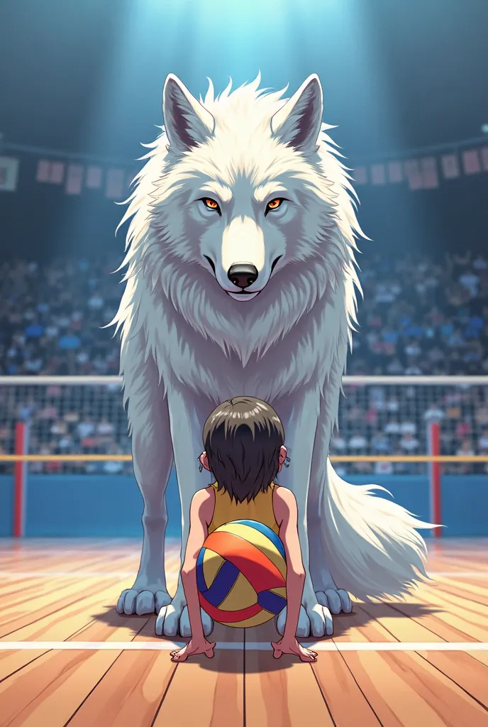 I want an anime-style image of a white wolf with a volleyball player holding a ball half crouched inside a court