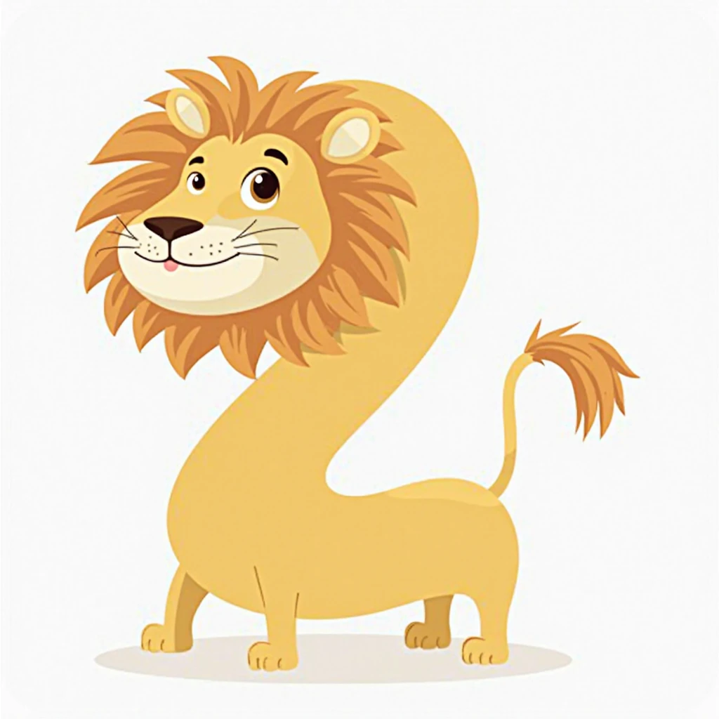 A simple yet realistic cartoon-style lion positioned near the number '2'. The lion should maintain a caricatured look with exaggerated, yet realistic features like a well-proportioned fluffy mane, accurate number of legs, ears, and tail. The overall design...