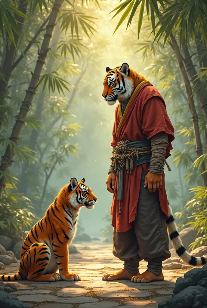 A young anthropomorphic tiger named Teen Raikon, lean but muscular, with golden-orange fur and bold black stripes, is seen bowing respectfully before his wise old tiger master in a mystical jungle training ground. Raikon wears simple, slightly worn cloth w...