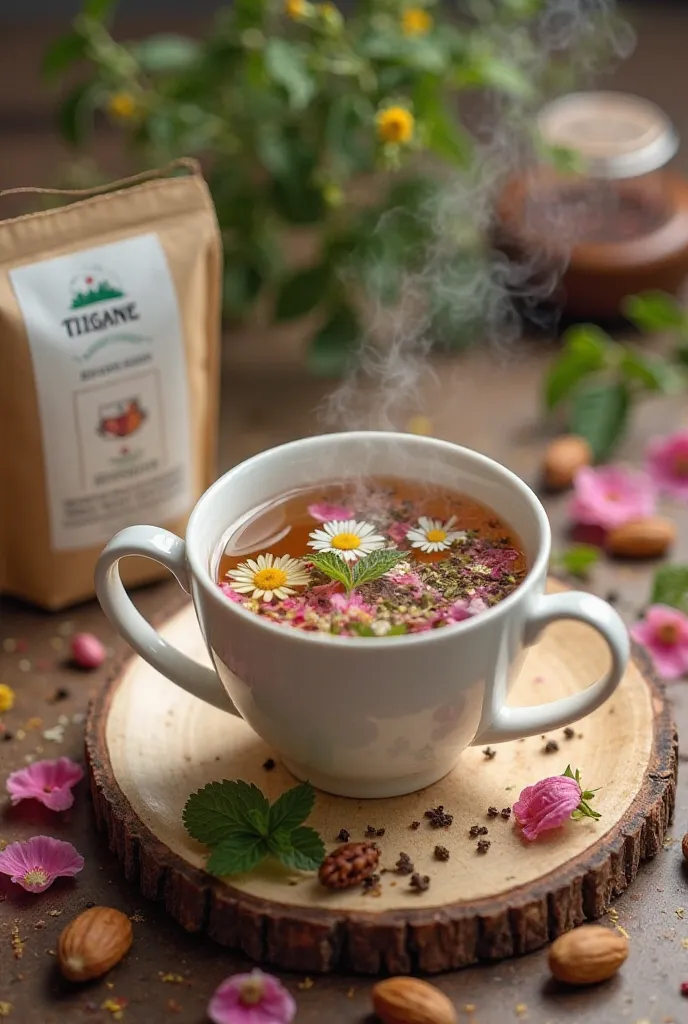 Image of a steaming cup infused with fresh herbs and flowers floating in the water. At your side, an ecological Tisane packaging with a minimalist and elegant design. In the background, a rustic wooden table with dispersed natural ingredients:  Rose Petals...