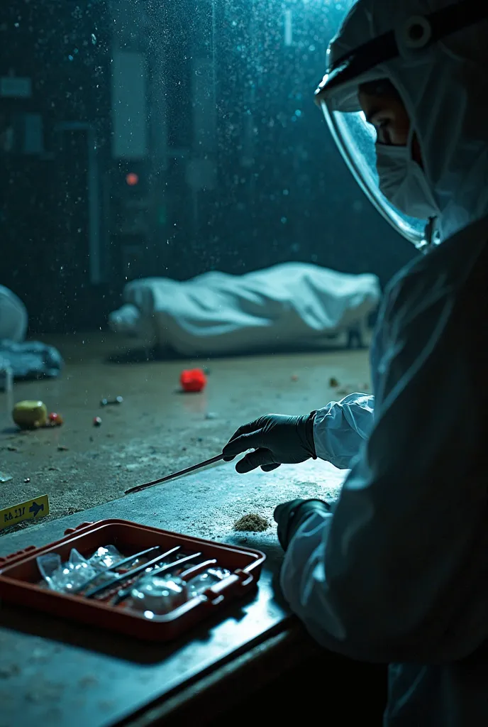 "A close-up of a crime scene, dimly lit with harsh shadows, focusing on a forensic investigator in protective gear carefully dusting for fingerprints on a glass surface. In the background, a faint outline of a body is covered with a white sheet, and eviden...