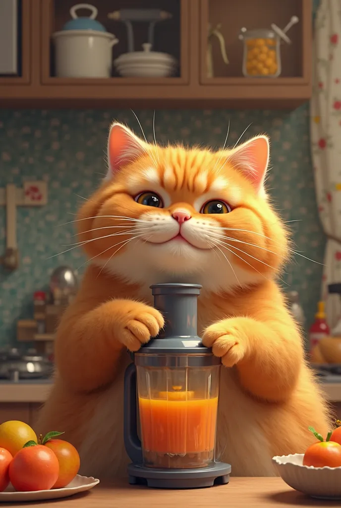 Orange chubby cat making the juice of fruit in machine in the kitchen