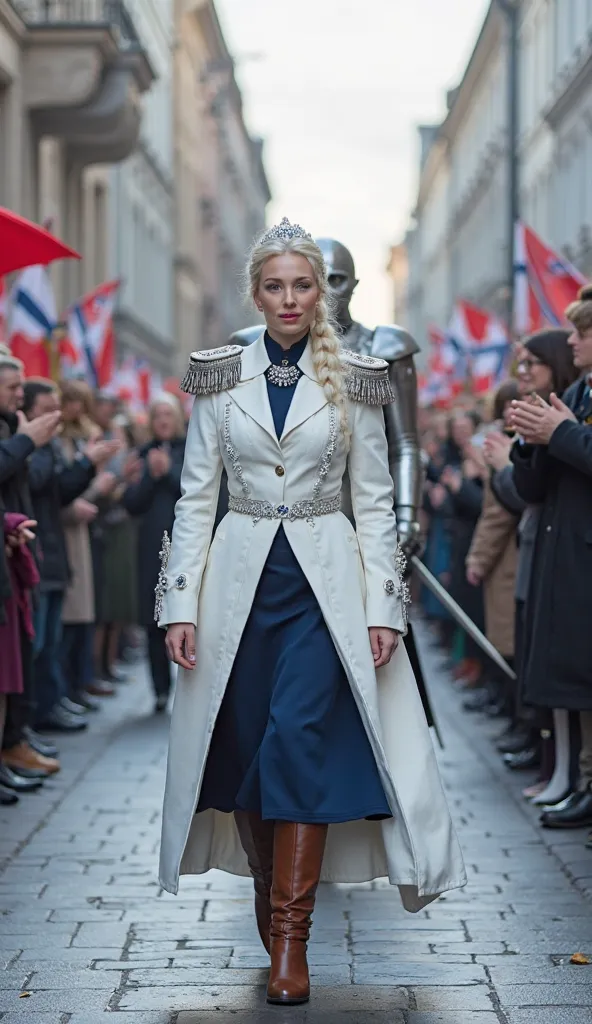 In Oslo, a Norwegian princess glides elegantly through the city center, greeting the people with a captivating smile. Her pale skin contrasts beautifully with her platinum blonde hair, tied in a sophisticated braid. Her dress uniform, a white military jack...