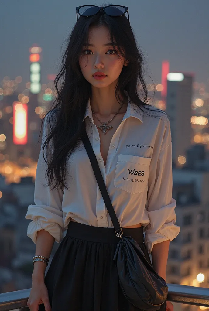 (photorealism:1.2), beautiful japaneese men 35year old with long black hair, soft makup,white shirts with text vibes and long black skirt, sunglasses in her head, neckles, i watch, sling bag, relaxed pose on the city rooftop at nights, realistic, intricate...