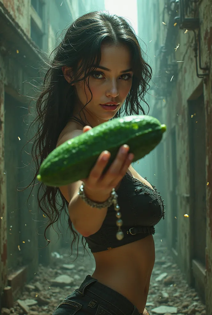 Beautiful woman shooting with a cucumber disguised as a weapon